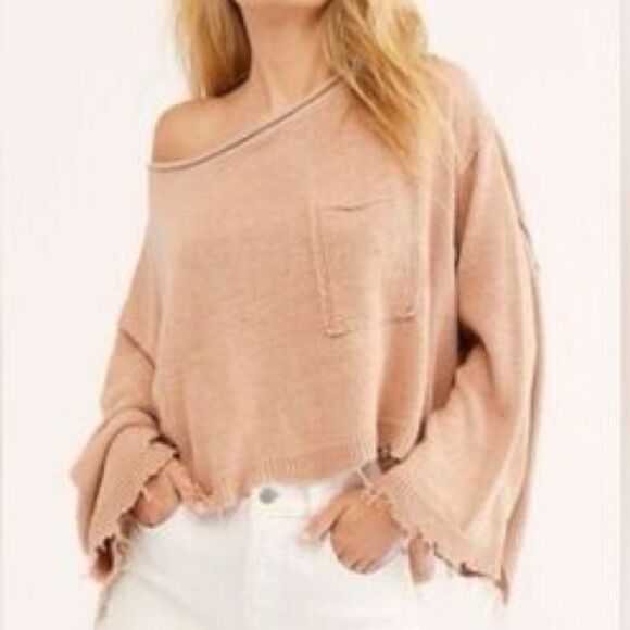 FREE PEOPLE Peach Prism Boxy Cropped Oversized Sweater S Pullover Boho Lagenlook - Picture 1 of 8